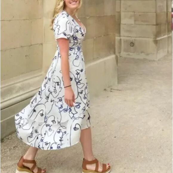 HUTCH Rosa Printed Wrap Dress Abstract Face Line Art Unique Blue White {HH51} - Picture 4 of 11